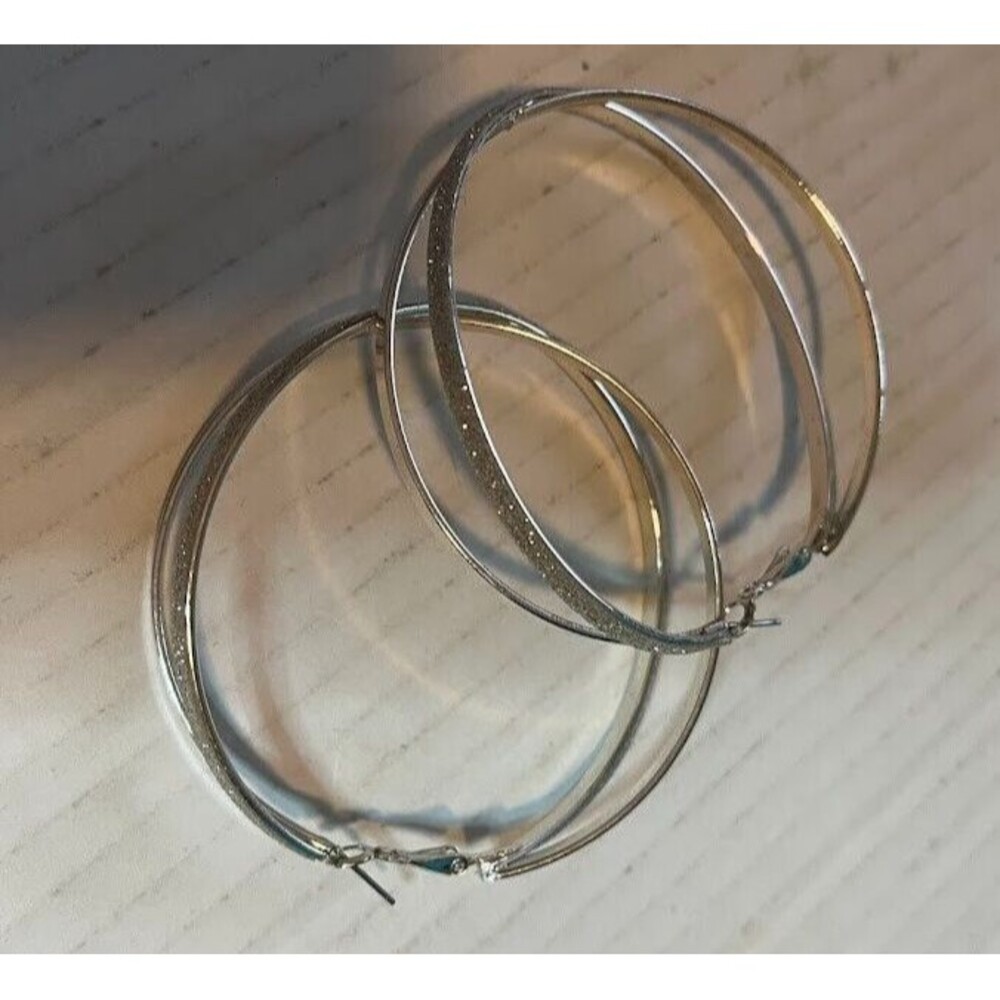 Pair of Double Hoop Silver Tone & Glittery Tone 3" Dressy Evening Earrings
